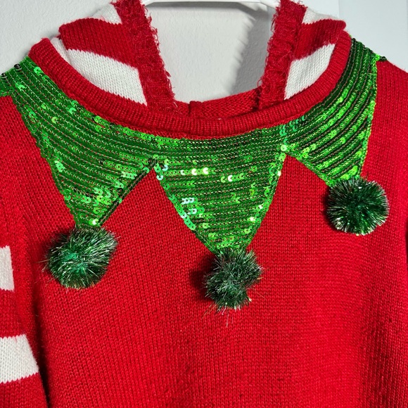 It’s Our Time Ugly Christmas Sweater Size Medium Elf Red Green Holiday Sequins - Picture 3 of 10